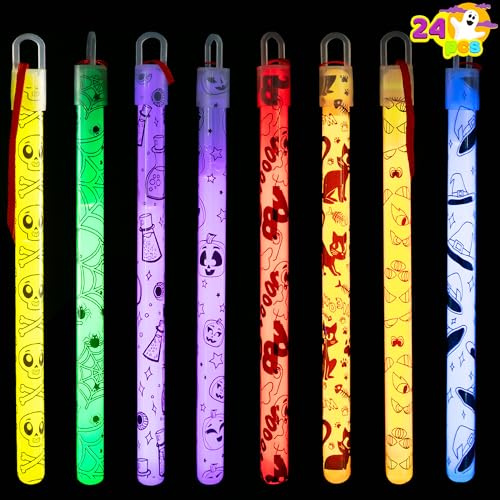 JOYIN 24 varitas colgantes de barra luminosa de Halloween en 8 diseños de patrones diferentes y 6 colores para regalos de fiesta de Halloween, suministros para fiestas, bolsas de regalo