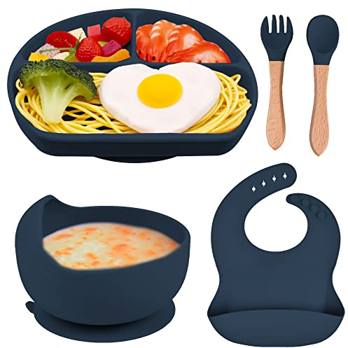 FILOWA Set Pappa Svezzamento per Bambini 5 Pezzi Kit Pappa Silicone Piatto con Ventosa Ciotola Bavaglino Cucchiaino Forchetta Posate, Antiscivolo Senza BPA Impermeabili Set Stoviglie per Bambino,Blu