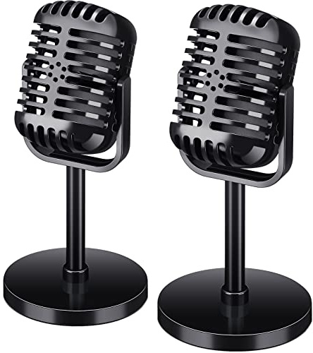 Chivao 2 Pack Retro Microphone Props Model Vintage Microphone Stage Table Decor Plastic Fake Microphone Antique Microphone Decor Stand Microphone Costume Prop for Party Decorations Toy (Black)