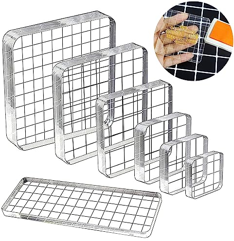 SAMSYOKI 7 Stück Acrylblock für Silikonstempel, DIY Acryl Stempelblock Set, Transparant Stempelblöcke für Silikonstempel mit Gitter für Scrapbooking Fotoalbum Journal Handwerk Quadrat
