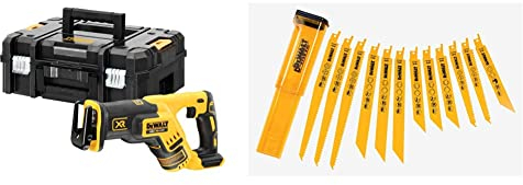 DeWalt Akku-Säbelsäge/Reciprosäge (18 Volt, extrem Kompakt, handlich, lange Laufzeit und Lebensdauer, inkl. TSTAK Box II) DCS367NT & DT2445 Set Säbelsägeblätter Mix (12-TLG.)