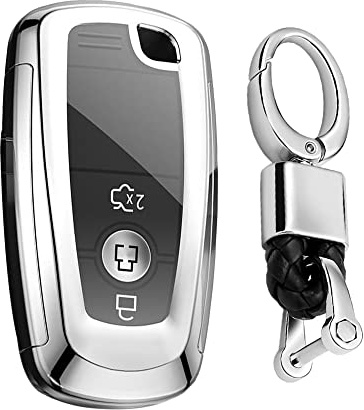 KUNIO Schlüsselhülle Passt für Ford Mondeo Mustang Explorer EcoSport S-Max Ranger Fiesta F150 F250 Autoschlüssel Hülle TPU Schlüsselanhänger Schlüsselbund Schlüsseletui B Silber