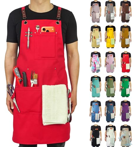 Delantal de trabajo multifuncional de lona de algodón, múltiples bolsillos, ajustable en la espalda, barbacoa, cocina, café o taller, delantal para hombre y mujer, tallas M a XXL (rojo)