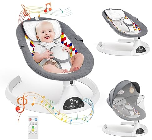 Hlieeosfcn Babywippe für Kinder,Babywippe Elektrisch mit 5 Natürlichen Schaukelgeschwindigkeiten,Elektrische Babyschaukel mit Musik, Nutzbar ab der Geburt bis ca. 6 Monaten,Fernbedienung,Grau