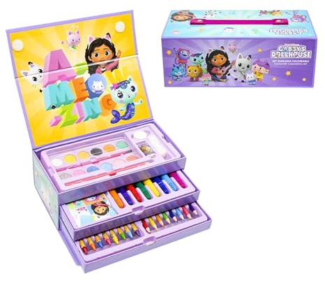 Gabby's Doll House Schreibwaren-Set, Enthält Buntstifte, Marker, Wasserfarben, Pinsel, Schwamm, Bleistift, Radiergummi, Bleistifte, Notizbuch, Aktentasche, Schulset für Mädchen