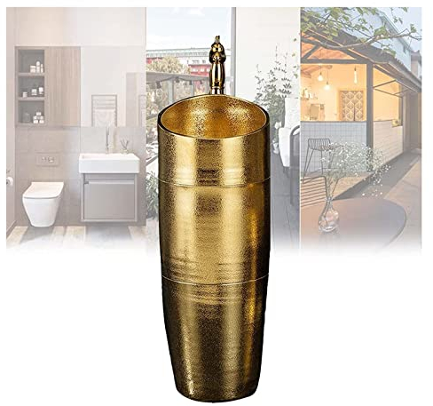 Kunst-Badezimmer-Waschbecken mit vollem Sockel, goldenes modernes Badezimmer-Waschbecken aus Keramik, Standwaschbecken aus Kaolin-Ton, rundes freistehendes Waschbecken