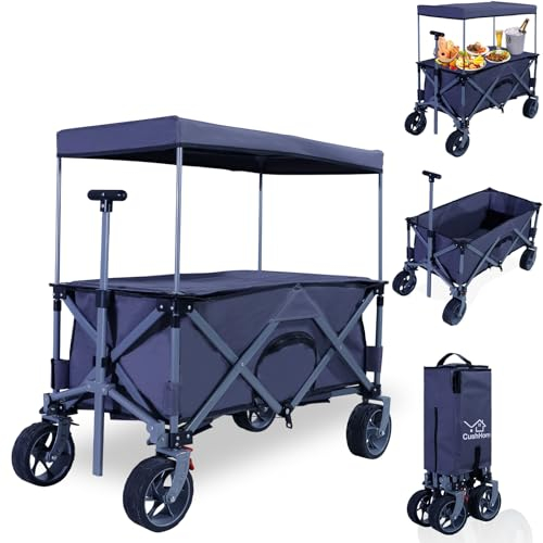 CCLIFE Bollerwagen Faltbar Kinder mit Dach und Tischplatte bis 80kg Belastbar Breite Reifen Handwagen Klappbar - Countryrider Grau