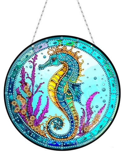 CXINLky DIY Diamond Painting Pendentif avec chaîne, peinture diamant images de fenêtre, peinture diamant créative 5D kits de décoration murale pour fenêtre mur entrée jardin décor-03 hippocampe