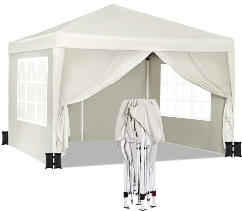 WOLTU Pabellón de Jardín Cenador Plegable Pérgola Cuadrada con Diseño Pop Up Carpa con Cubierta Tela Oxford Hecho de Tubos Metales, 3x3 m, 4PCS Bolsas de Arena Vacía para Carpas,Beis