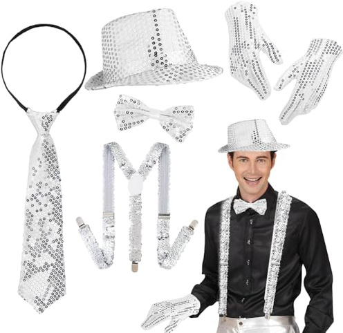 Michael Jack-son Kostüm, XPJBKC 5 Stück Glitzer Accessoires Herren, Glitzer Outfit Herren, Pailletten Hosenträger Set mit Glit-zer Hut, Hosenträger, Fliege, Krawatte,Handschuhe für Fasching,Jazz Dance