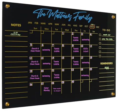 Black Acrylic Calendar Dry Erase for Wall, Family Planner, Monthly Calendar Dry Erase Whiteboard for Home, Office, 17 x 13Reusable White Board(Acrylic-BK-3343)