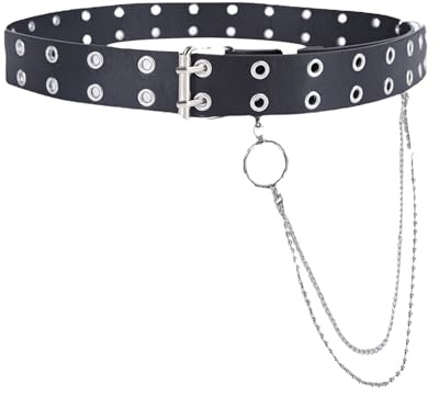 Ceinture punk avec chaîne pantalon, double trou, rivets, chaîne de pantalon avec ceinture gothique amovible pour robe, vêtements, jeans, Noir, taille
