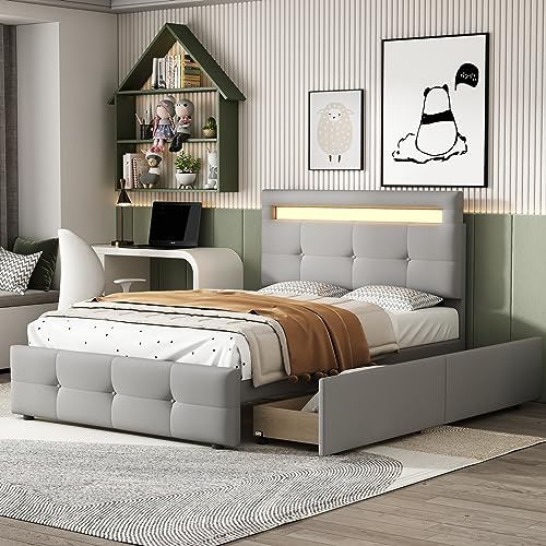 Kinderbett Polsterbett 90x200 cm, Bett mit 2 Schubladen und LED-Leuchten, verstellbares Kopfteil, Stauraumbett Bettgestell mit Lattenrost & Rückenlehne, Jugendbett Einzelbett, Ohne Matratze, Grau