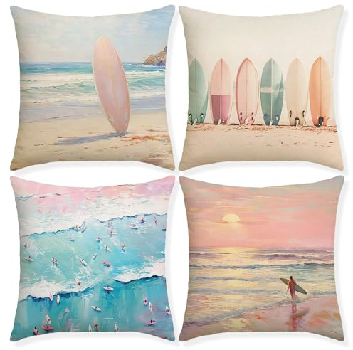 Mixweer 4 Pcs Beach Pillow Covers 18x18 Inch Preppy Pastel Surfboard Pillow Cover Retro Aesthetic Ocean Coastal Seascape Girly Room Decor for Patio Sofa Couch