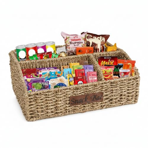 Gzsekken Snack Storage,3 Compartment Snack Containers, Food Cupboard Organiser for Chips Candy Snacks,Pantry Organizers and Storage, Large Capacity Trapezoid Snack Drawer Natural Seagrass