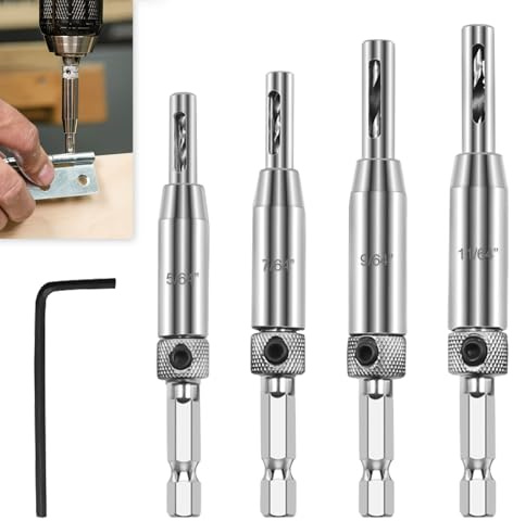 Qneneam 4 Pcs Hinge Drill Bit Set, Self Centering, HSS Material (5/64 7/64 9/64 11/64)