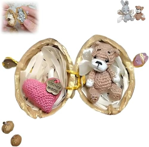 Handgefertigtes Häkeltier in Walnusshülle, Mini Häkeln Hase und Bär mit gestricktem Liebesherz, handgewebte Ornamente in Walnussschale, handgewebter Mini-Hase und Bär, einzigartige