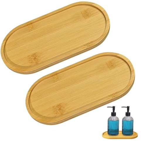 Makloee 2-Piece Oval Bamboo Tray Set, Wood Soap Dispensers Tray Dishes for Bathroom Worktop, Afternoon Tea, Food Holder/BBQ, Serve Cheese,Snacks,Jewellery Sustainable Kitchen & Home Decor Gift