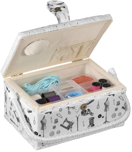 VAVPUP Portable Sewing Storage Box with Removable Tray & Pin Cushion, Vintage Floral Fabric & Wooden Frame Craft Organizer 2-Tier Compartments, Adjustable Handle for Home & Travel(white)