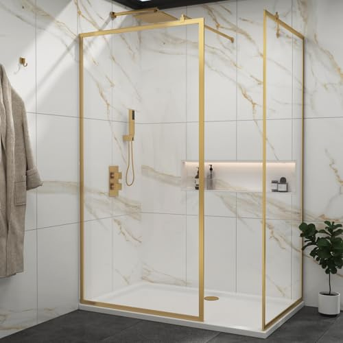 Luxor Walk in Shower Enclosure with 1400 x 800mm Shower Tray & Brushed Brass Frame 8mm Easy Clean Toughened Safety Glass Screen