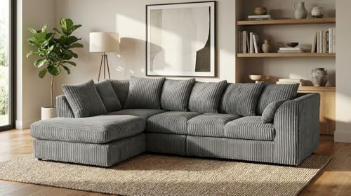 Jumbo Cord Sofas - Grey L Shaped Settee - Sectional 4 to 5 Seater Corner Sofa - Luxury Left Hand or Right Hand Couch - Designer Grey Scatter Back Couches for Living room & Garden (Left Hand)