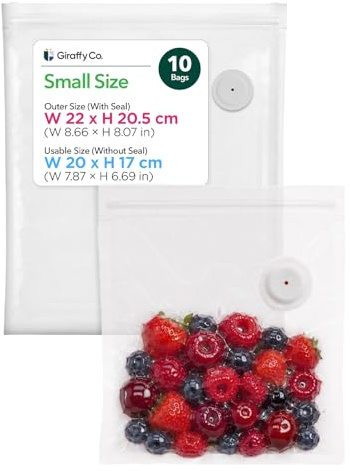 GIRAFFYCO 10 Vakuumbeutel S, 22 x 21 cm, Wiederverwendbar, Lebensmittel | BPA-freie Vakuumbeutel mit abnehmbarem Ventil für Hand-Vakuumierer, Gefrierfach, Kühlschrank & Meal Prep