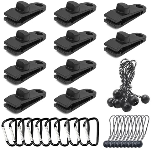 CBMZHF Tarp Tarpaulin Clips Clamps Heavy Duty Lock Grip and Bungee Cords with Ball, Pool Cover Clip Backdrop Cloth Tent Large Hook Accessory for Garden Outdoor Tie Downs Canvas Solar RV Awning 30PCS