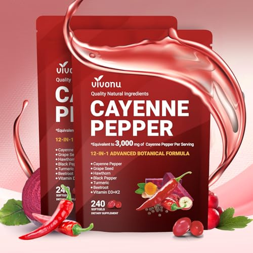VivoNu Cayenne Pepper Softgels Supplement, Supports Leg Vein, Heart and Blood Vessel Health, with Vitamin E D3+K2 and Extracts of Grape Seed, Hawthorn, Beetroot, Berberine and Other