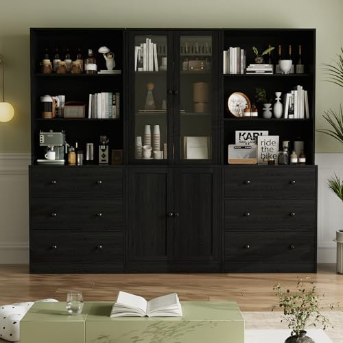 VOWNER 5-stöckiges Bücherregal mit Glastüren, 180 cm Vitrinenschrank, Küchenschränke, Küchenschrank Hochschrank, Buffetschrank für Küche, Wohnzimmer, Esszimmer, 3PCS (Schwarz)