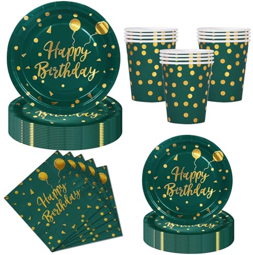 Nkaiso 50 Stück Dunkelgrünes Gold Pappteller Geburtstag Set | Partygeschirr Kindergeburtstag Set - mit Einweg Pappteller, Servietten & Becher - für Party Geburtstag Mädchen Deko