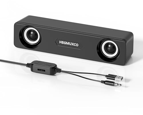 Computer Speakers for Desktop PC - 10W Wired Stereo Speakers with Volume Control Wheel, USB Powered, 3.5mm Audio Input, Compact Expertly Tuned Soundbar with Deep Bass for Office, Home, and Gaming