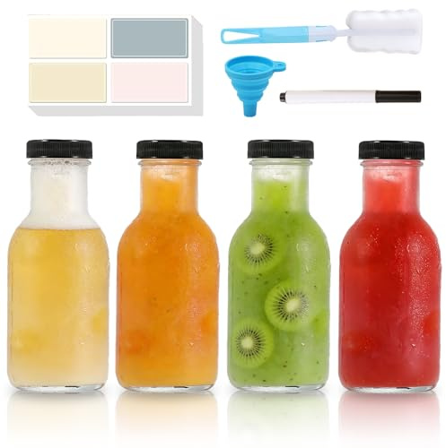 MEETOZ 4 pack 250ml Glass Juice Bottles with Lids, Reusable Clear Glass Bottles, for Family, camping, school, travel, Smoothie, Milk, Juicing, Sauce Jar, and Other Drinkings