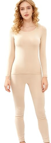 Glugahrif Sous-vêtement thermique pour femme – Doux élastique sans coutures pour usage quotidien, base pyjama, automne, quotidien, intérieur, extérieur, bureau, voyage, vacances, maison, Couleur chair