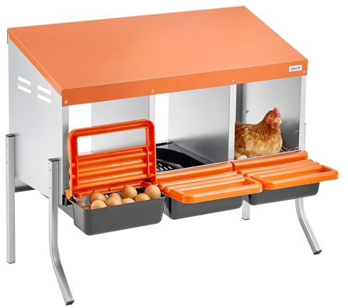 VEVOR Kycklingboxar, 3 fack, med stödben, enkel äggsamling, galvaniserat stål och höghållfast plast, rullbar iväg kapslingsboxar för kycklingar och höns lägger ägg, orange