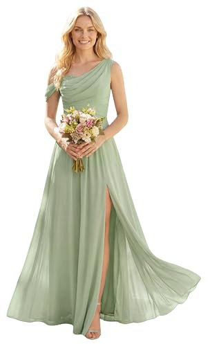 Ever-Pretty Women's One-Shoulder Chiffon Bridesmaid Dress Draped Bodice Maxi Dress with Side Split for Wedding Parties 02663