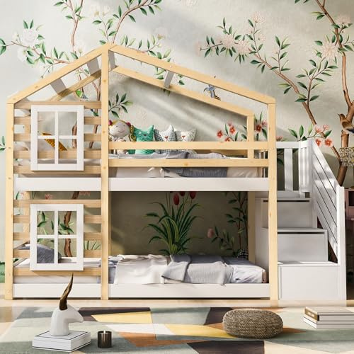 Yihomfy Hüttenbett für Kinder, 90 x 200 cm, Etagenbett für Kinder, Doppelbett, Fallschutz, Baumhaus mit Schublade und Fallschutz, Hochbett für Kinder, Natur (Weiß-B)
