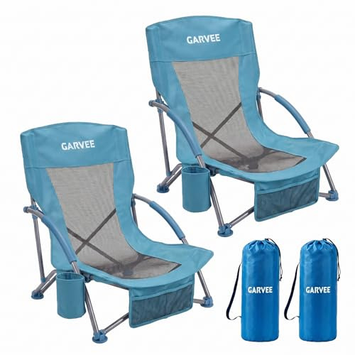 Lightweight Low Folding Beach Chair 2PCS, Extra Wide Seat Camping Chair with Cup Holder Storage Pocket, Steel Frame 136KG Load Capacity, Portable Outdoor Chair with Carry Bag for Beach Garden, Blue