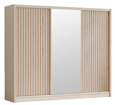 Vente-unique - Armoire 3 Portes coulissantes - avec Miroir - L250 cm - Coloris : Beige et Naturel - CALOWI