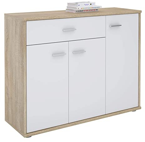 CARO-Möbel Sideboard Estelle Kommode Mehrzweckschrank, Sonoma Eiche/weiß mit 3 Türen und 1 Schublade, 88 cm breit