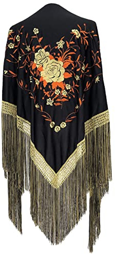 La Senorita Scialle da ballo flamenco spagnolo nero oro arancione con frange dorate e nere - flecos doble, Nero Arancione Oro, Medium