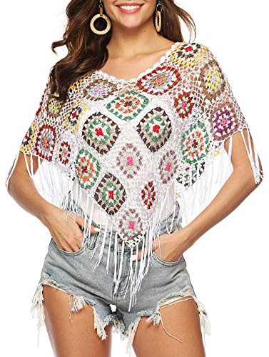 xxxiticat Women's Embroidery Print Hollow Out Bikini Blouse Cloak Poncho Cape Fringe Hem Crochet Floral Beach Cover Ups Tops - White - One Size