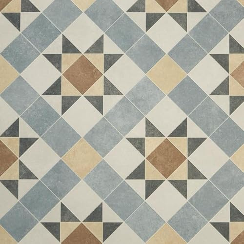 Tile Effect Vinyl Flooring Roll Beige & Grey Victorian Felt Back Lino Flooring for Kitchens, Bathrooms and Hallways 2m 3m Width 2m To 7m Length (Barlow, 2m x 3m)