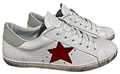 VIA CONDOTTI Scarpe Sneakers Basse Uomo Donna Pelle Bianco Ghiaccio Stella Rossa microforato