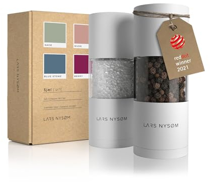 LARS NYSØM Salz und Pfeffer Mühlen Set aus Edelstahl mit einstellbarem Keramik-Mahlwerk 2 Stück I Manuelle Gewürzmühlen mit hochwertigem Design (2 Stk) (Pure White)