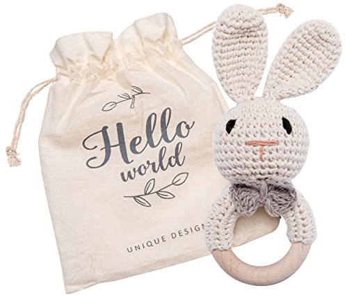 Mamimami Home Stickad babyskallra med träbitare, baby bitleksak trä tuggleksak Montessori stil virkning bitring djur handgjorda leksaker för spädbarn, spädbarn