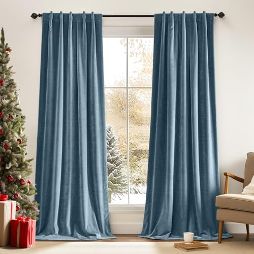 TOPICK Cortinas opacas de terciopelo con cordón, cortina opaca térmica, para salón o dormitorio, 2 unidades, 175 x 130 cm, gris azulado
