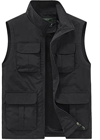 Yukirtiq Chaleco de Secado Rápido para Hombre Transpirable Chaleco de Pesca con Multibolsillos Chaqueta Sin Mangas de Caza Trabajo Chaleco de Fotografia, Negro, XL