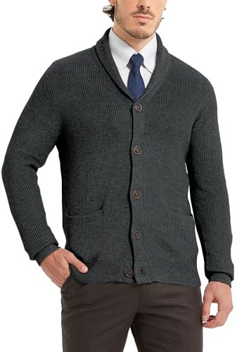 Kallspin Herren Wollschal-Kragen Strickjacke mit Knöpfen und Taschen(Dunkelgrau, S)