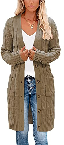 kinstell Dam långärmad knapp topp bylsig aran kabel stickad lång längd pojkvän farfar cardigan Storbritannien, Khaki, XL