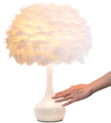 GUANSHAN Elegante Feder-Tischlampe mit weißem Sockel, einfache, romantische und schöne Nachttischlampe, Tischleuchte, Federlampenschirm für Schlafzimmer, Wohnzimmer, Hochzeitsgeschenk